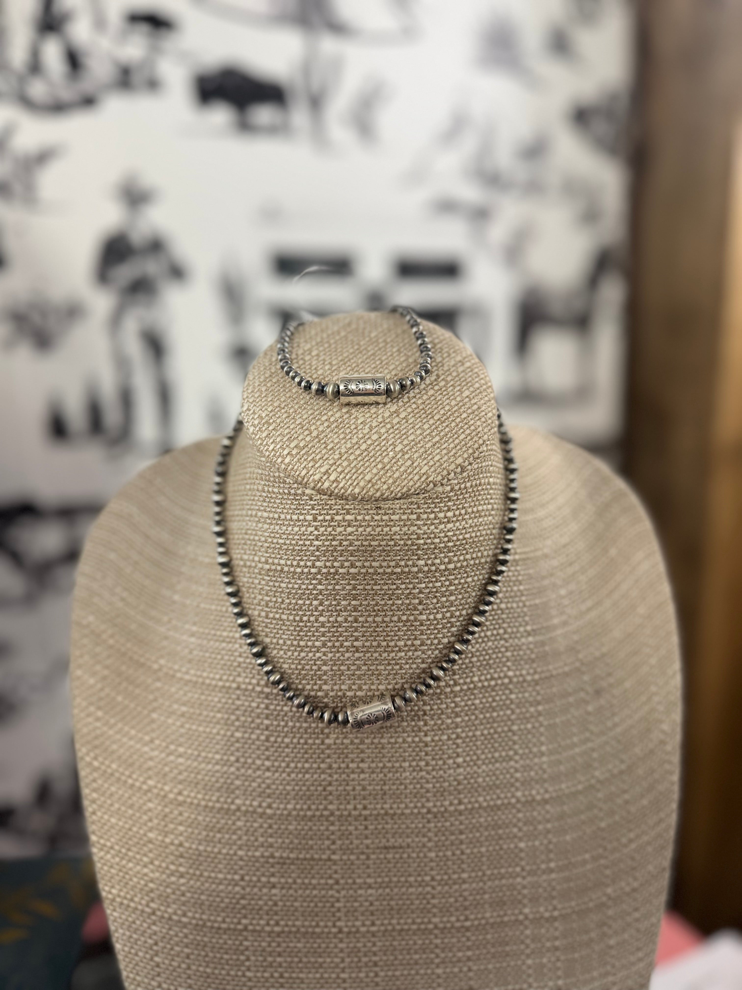 Barrel bead stamped sterling silver set