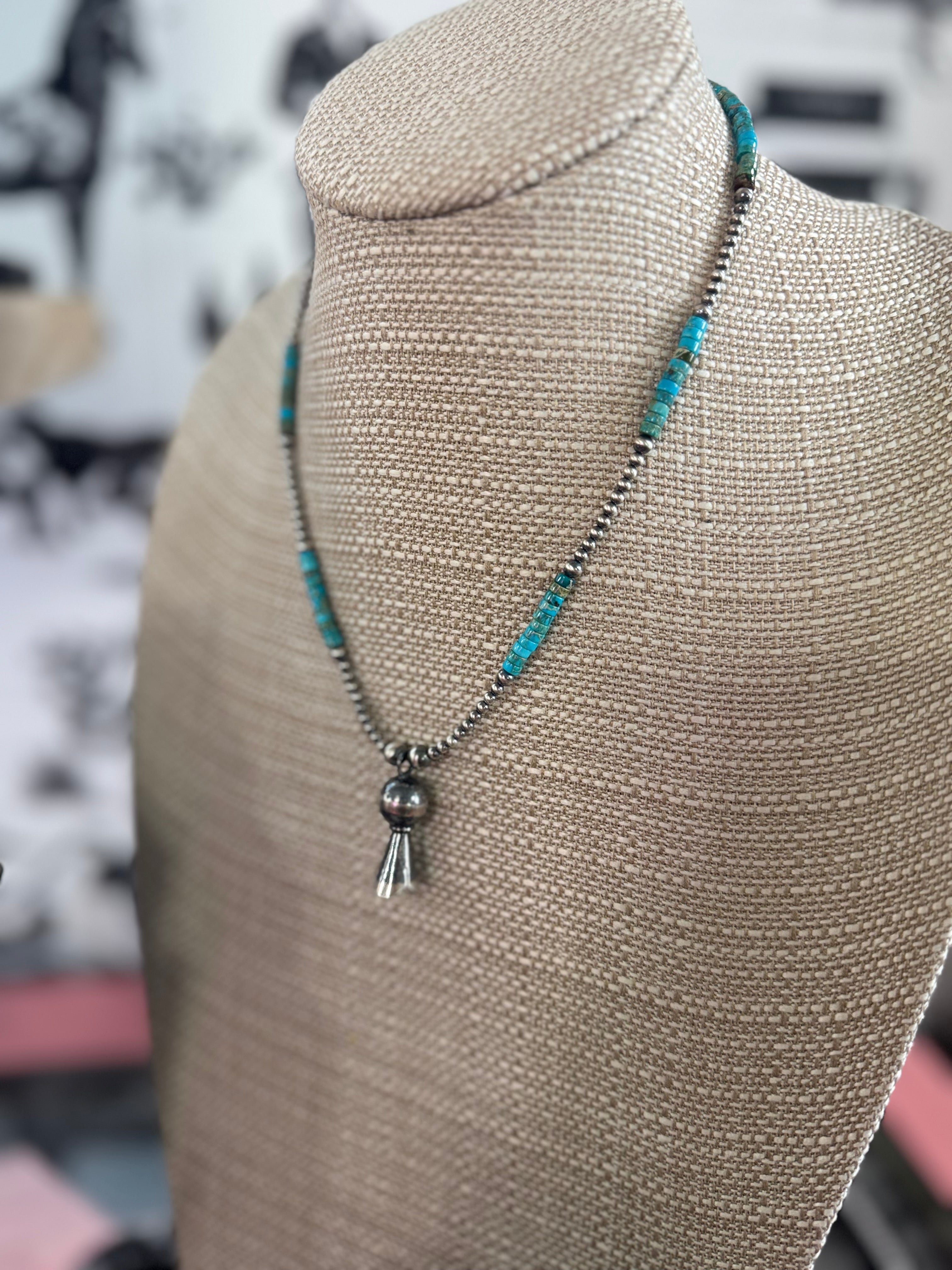 18" turquoise, oxidized bead and squash blossom necklace
