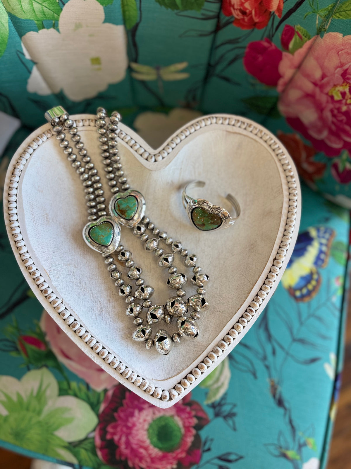 Peek through Navajo handmade pearls with Royston shadow box hearts