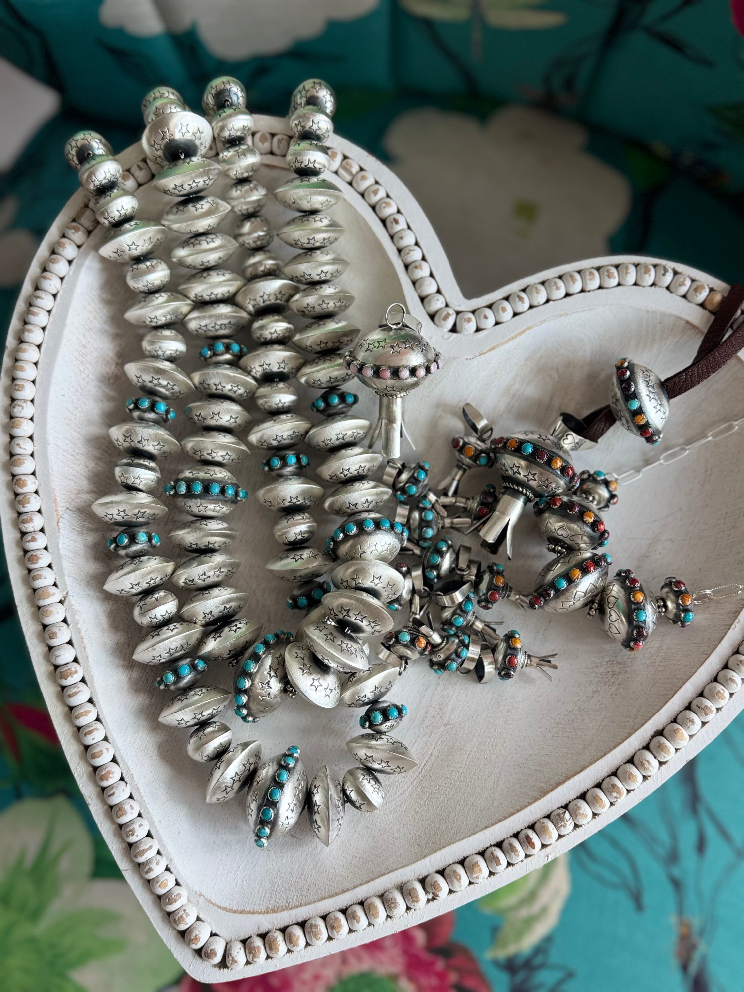 Navajo stamped Kingman pearls by Monica Smith