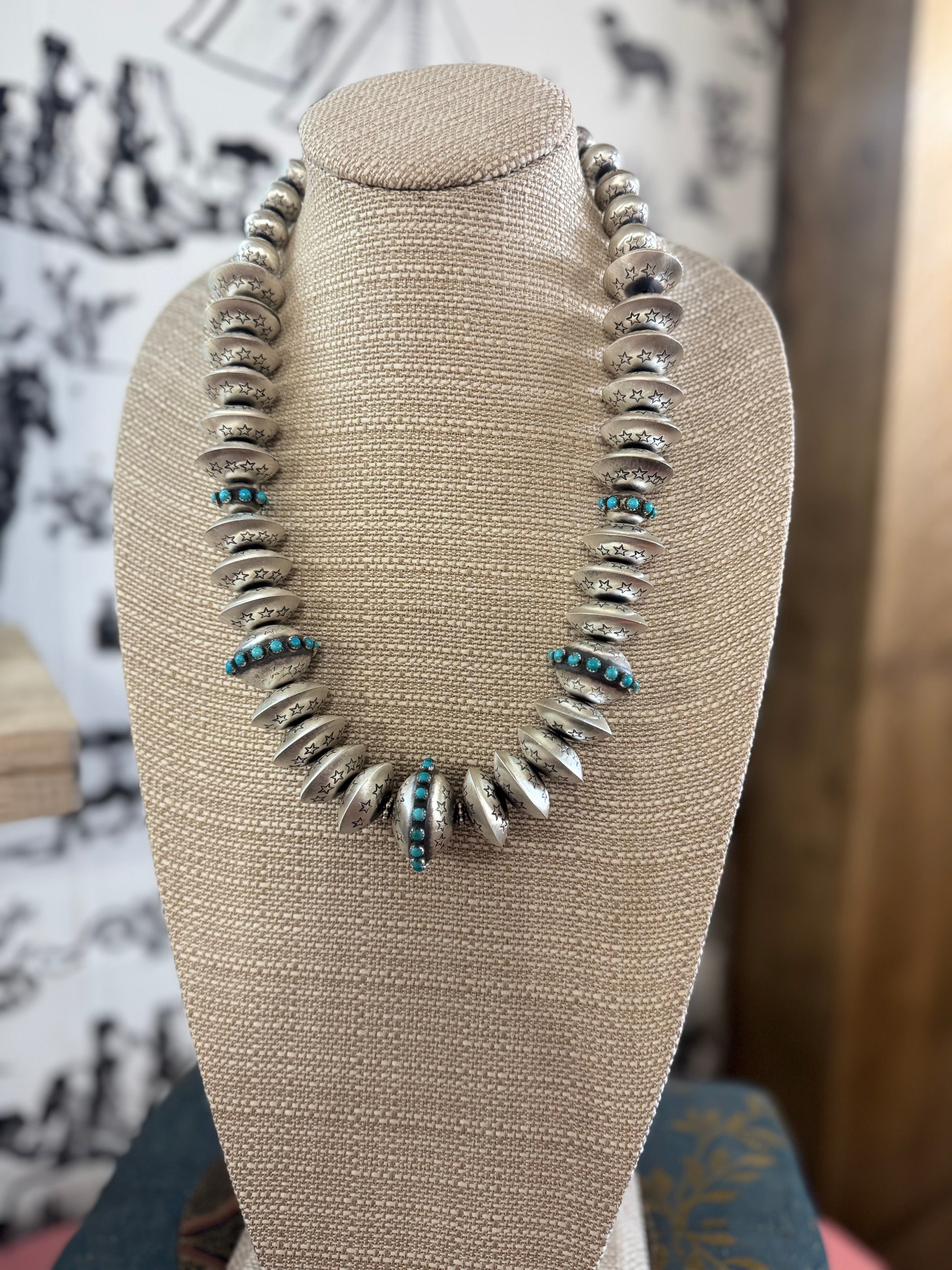 Navajo stamped Kingman pearls by Monica Smith