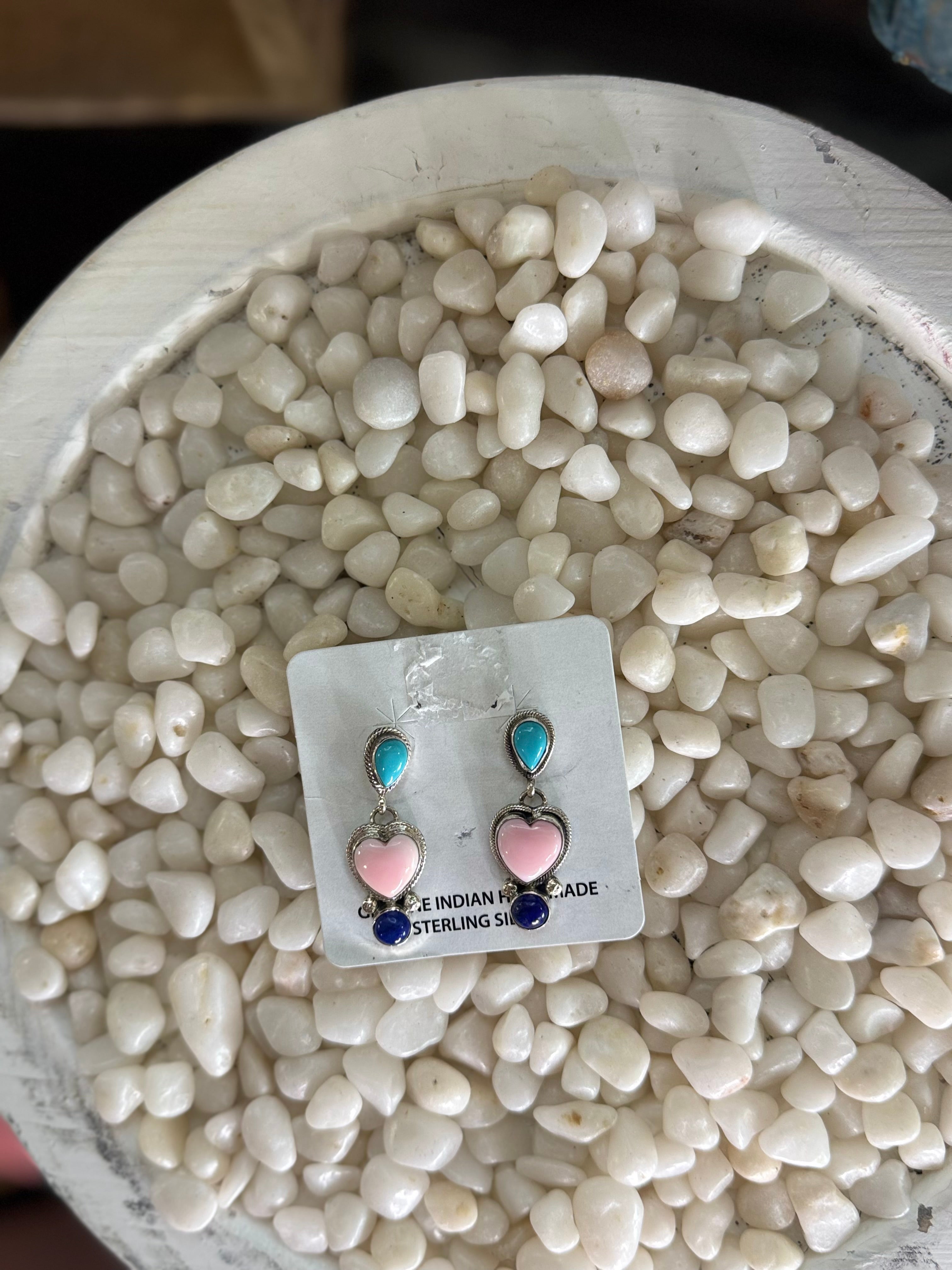 Pink conch, Kingman and lapis heart earrings