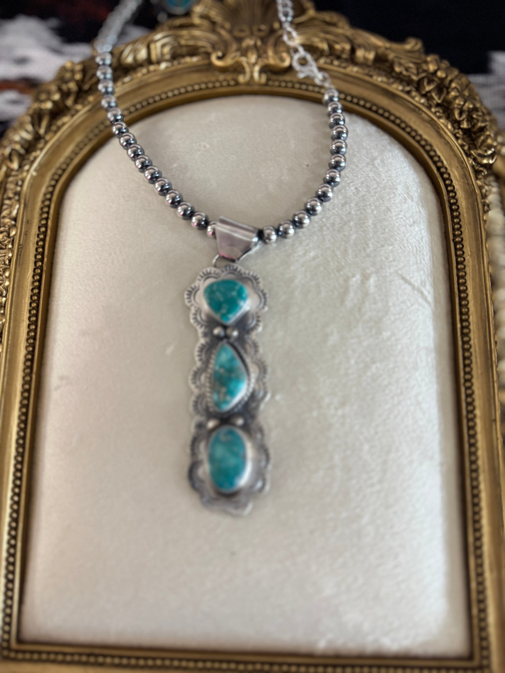 Native Navajo Handmade Sterling Silver Blue Bird Turquoise Stamped Drop Pendant