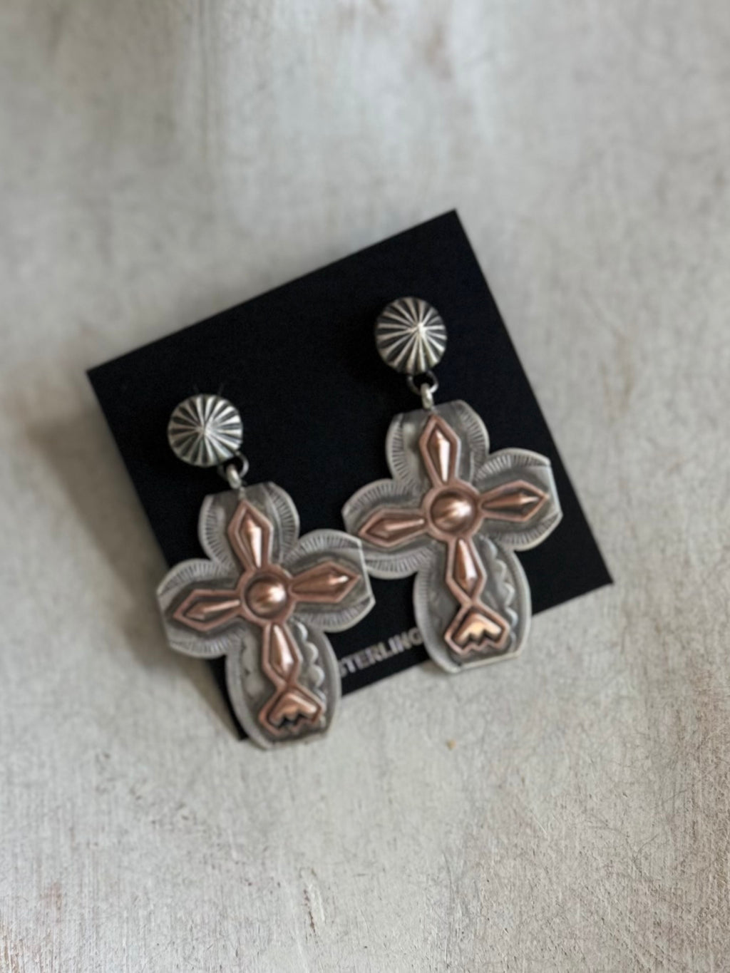 Sterling and copper cross earrings
