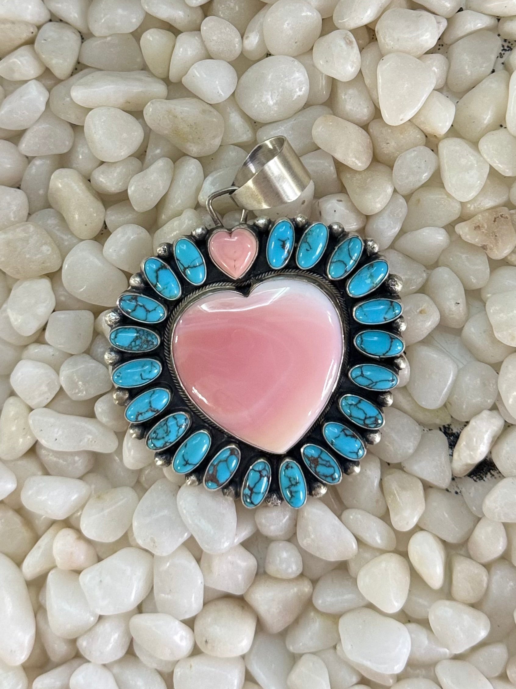 Pink conch and Kingman large heart pendant