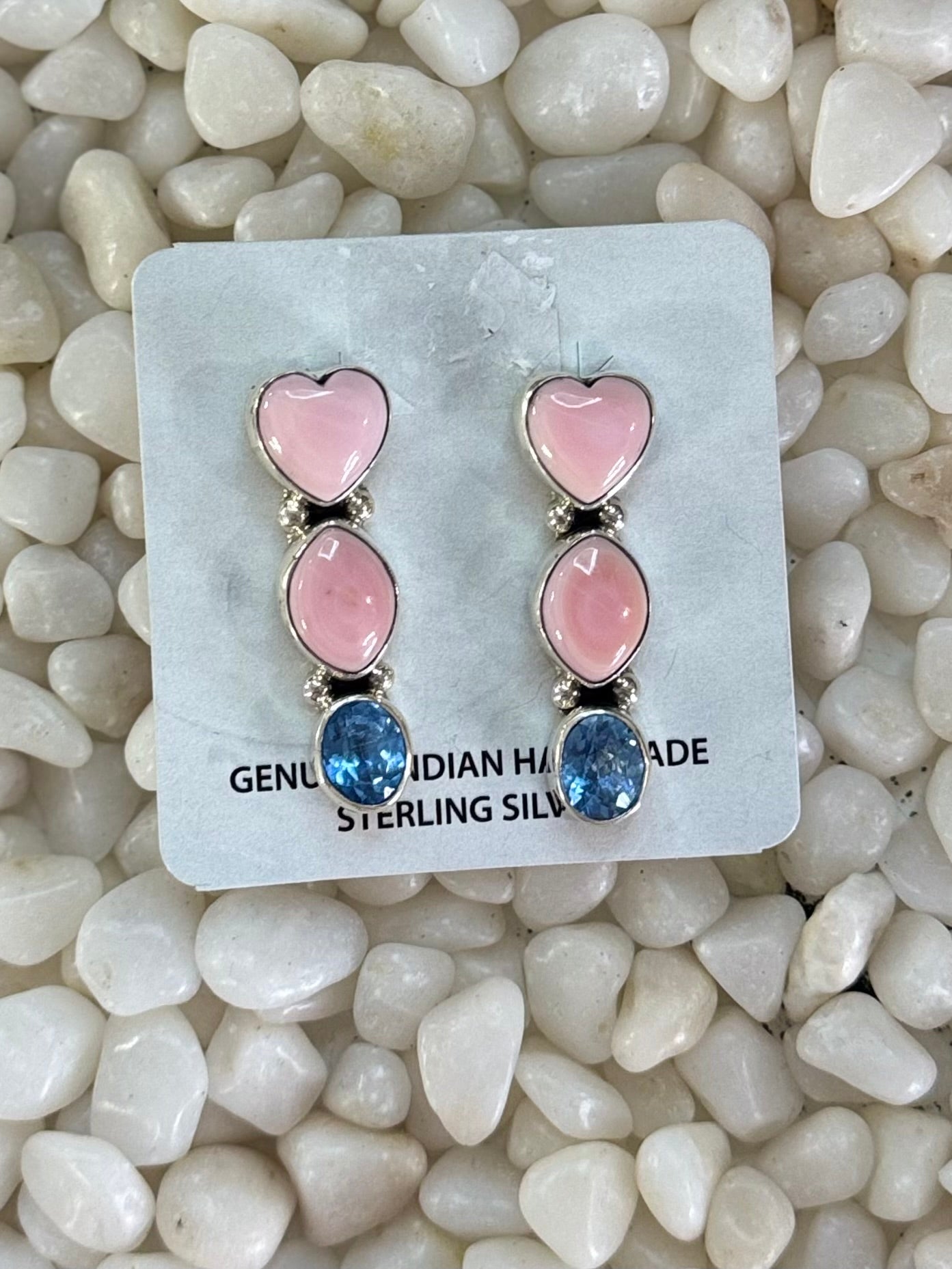 Pink conch and blue topaz heart earrings