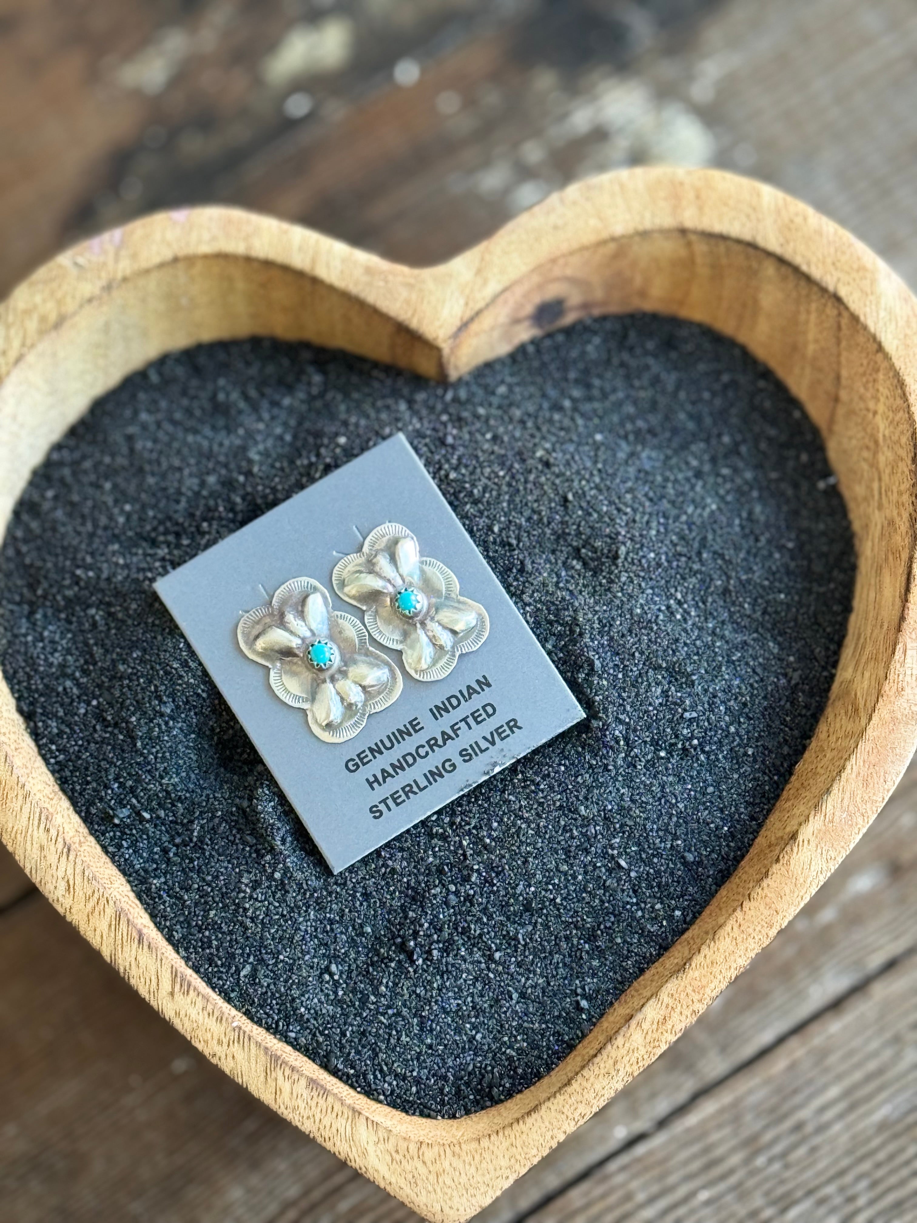 Sterling silver stamped bowtie earrings with turquoise