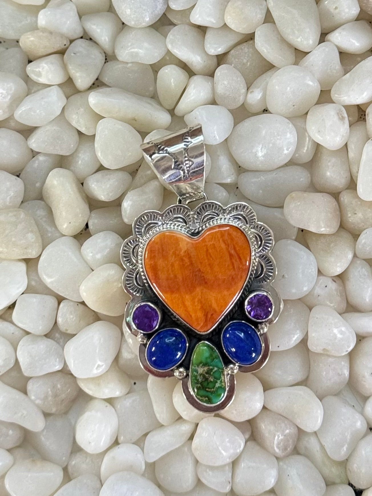 Orange spiny, lapis, Sonoran heart pendant