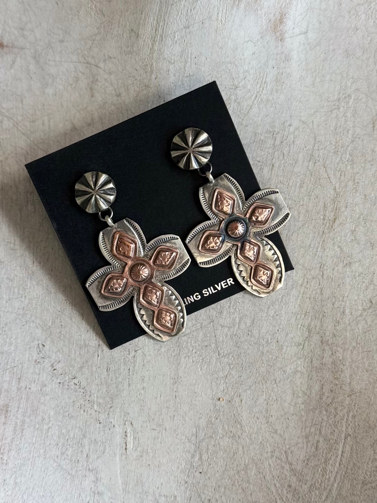 Sterling and copper cross earrings