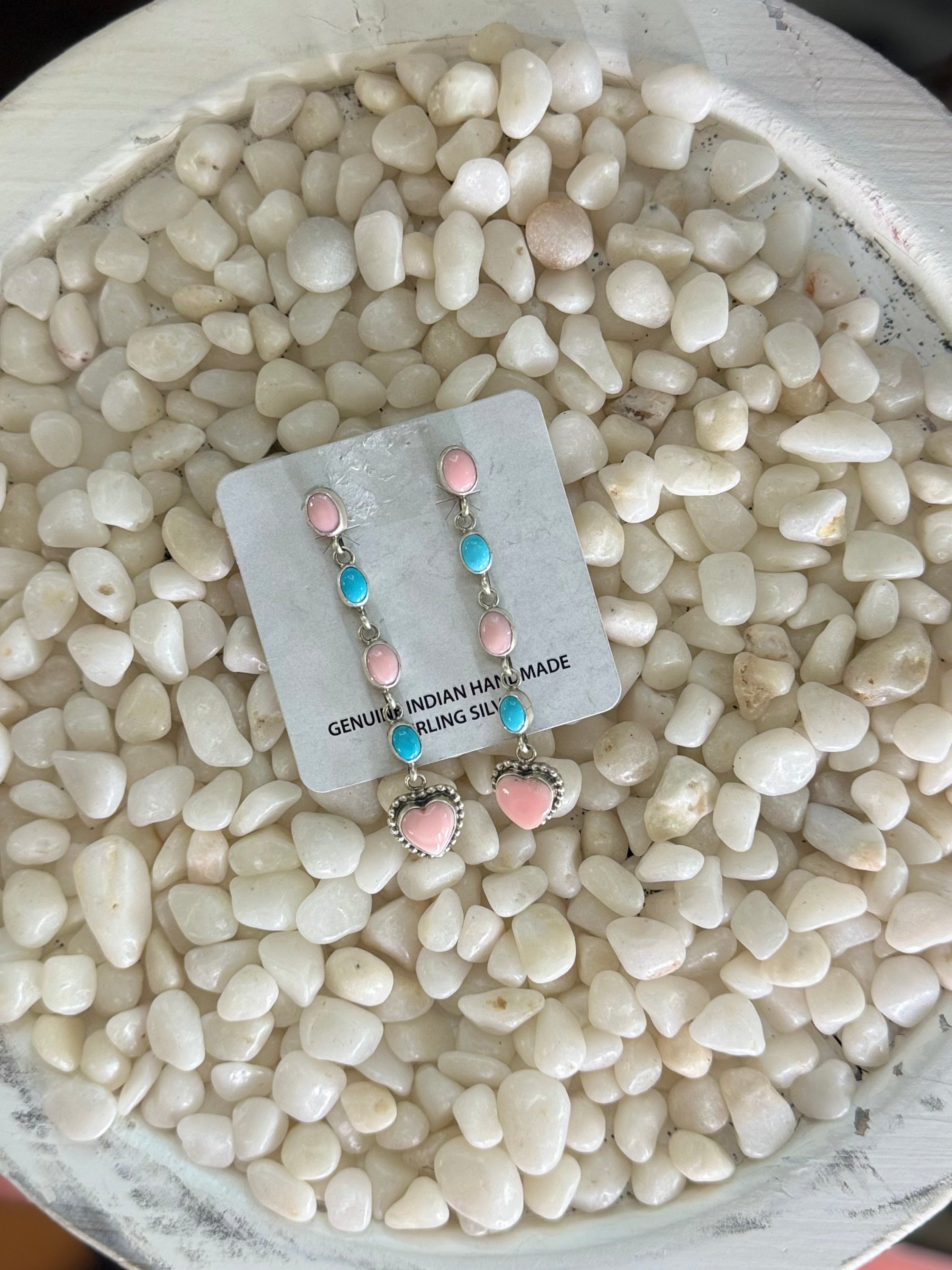 Pink conch and Kingman heart drop earrings