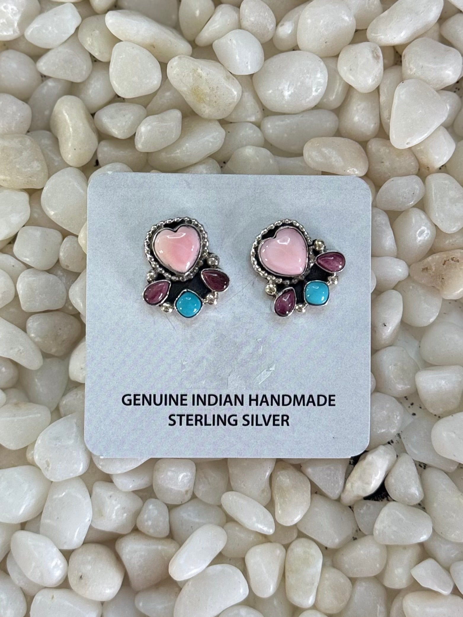Dainty pink conch, Kingman and purple spiny heart earrings
