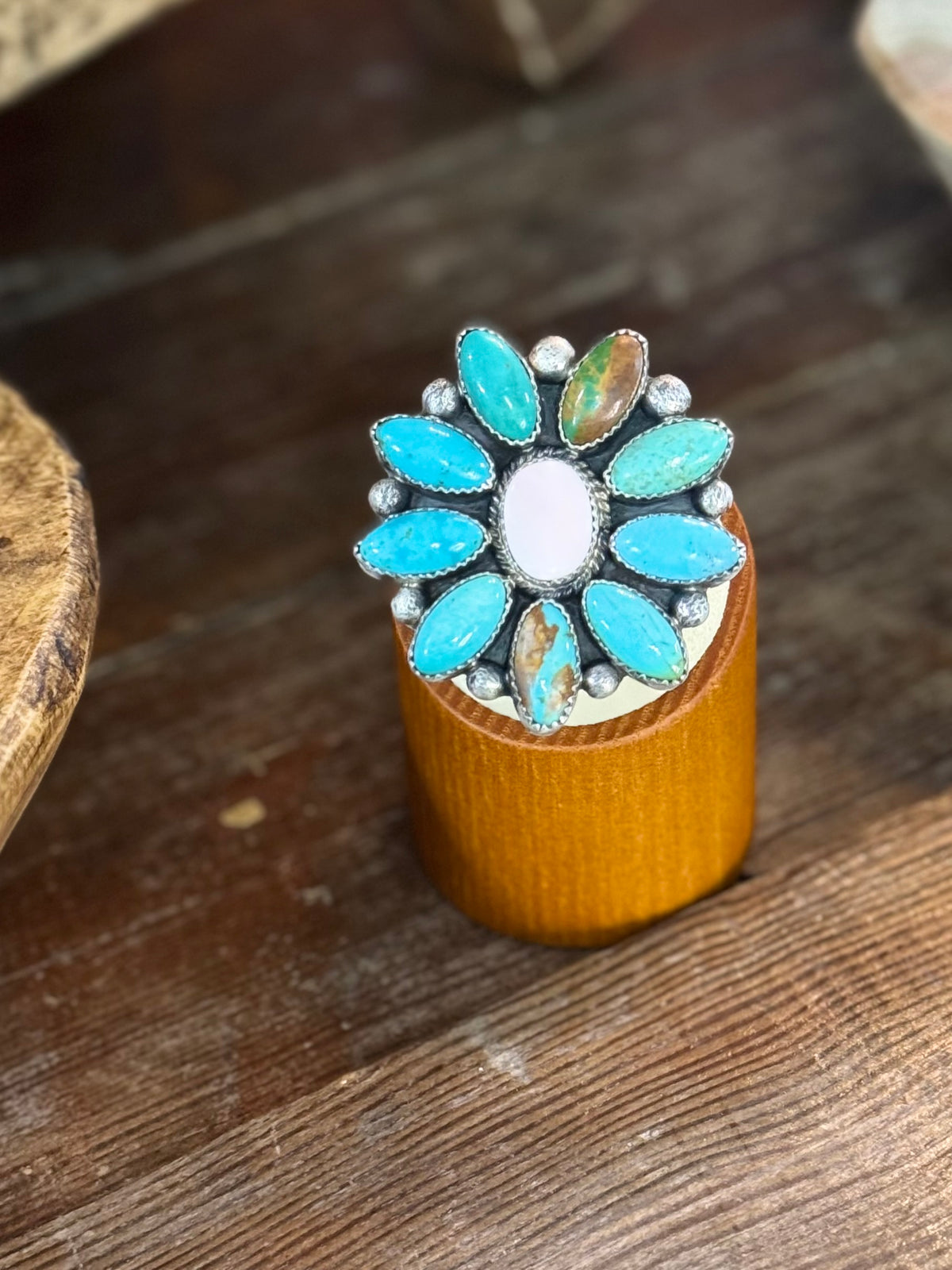 Pink conch and mixed turquoise big cluster ring