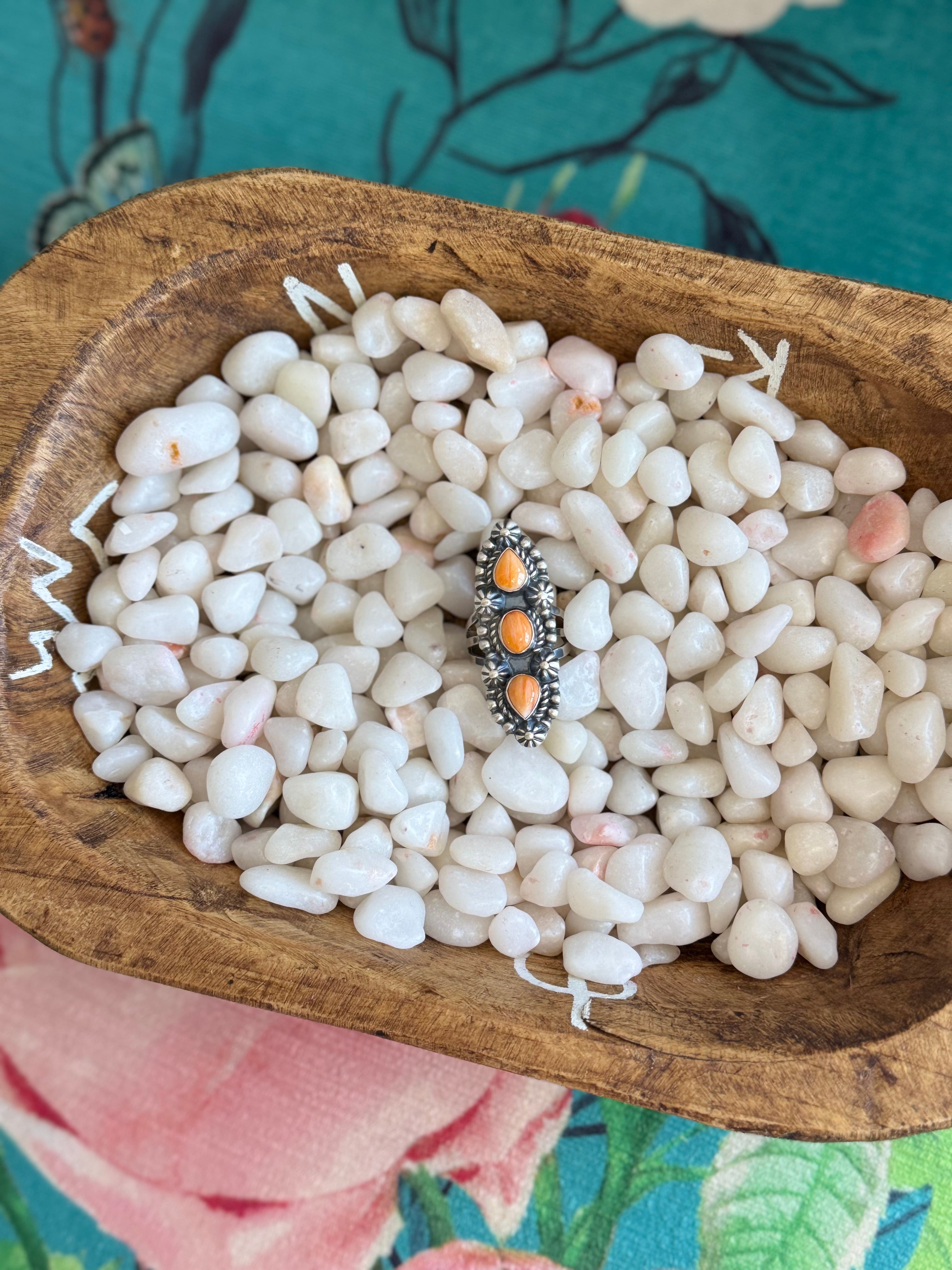 Orange spiny 3 stone ring