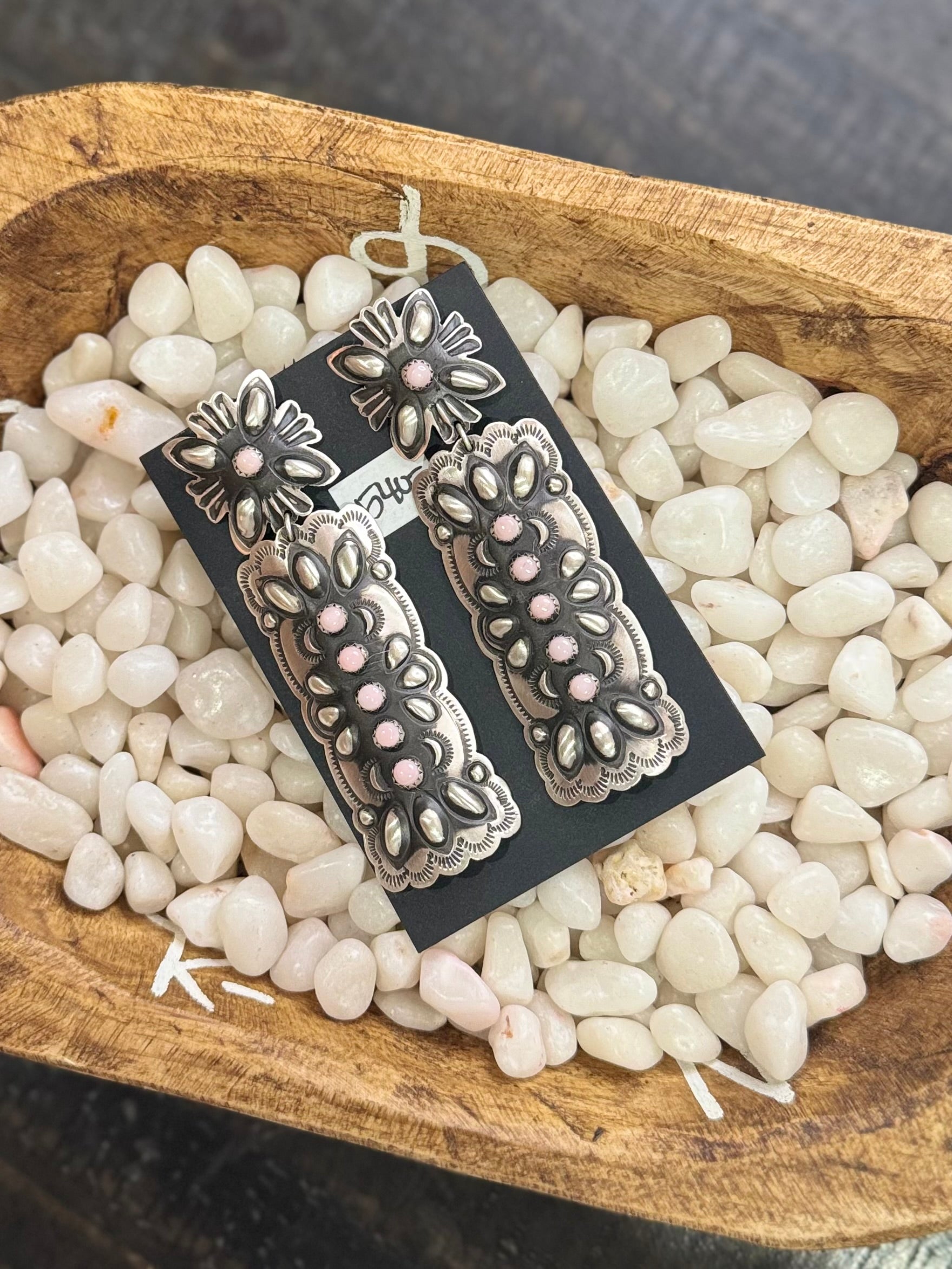 Pink lady stamped concho earrings